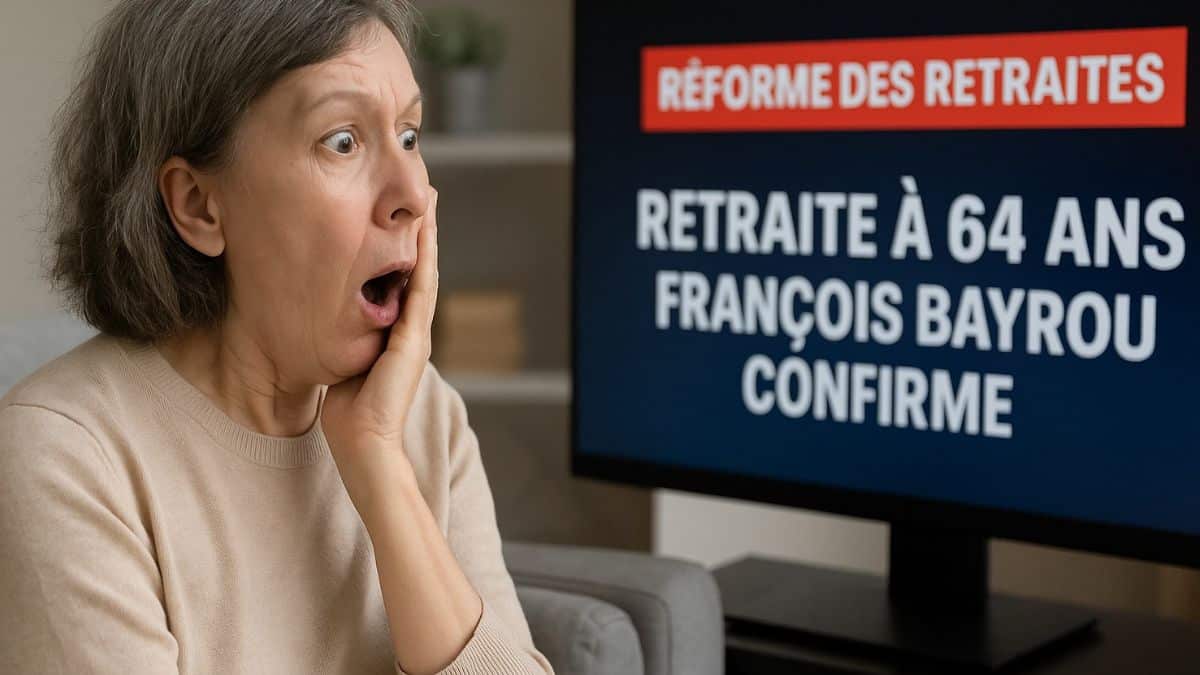 Femme proche de la retraite choquée en regardant à la télévision l’annonce du report à 64 ans de l’âge légal de départ.