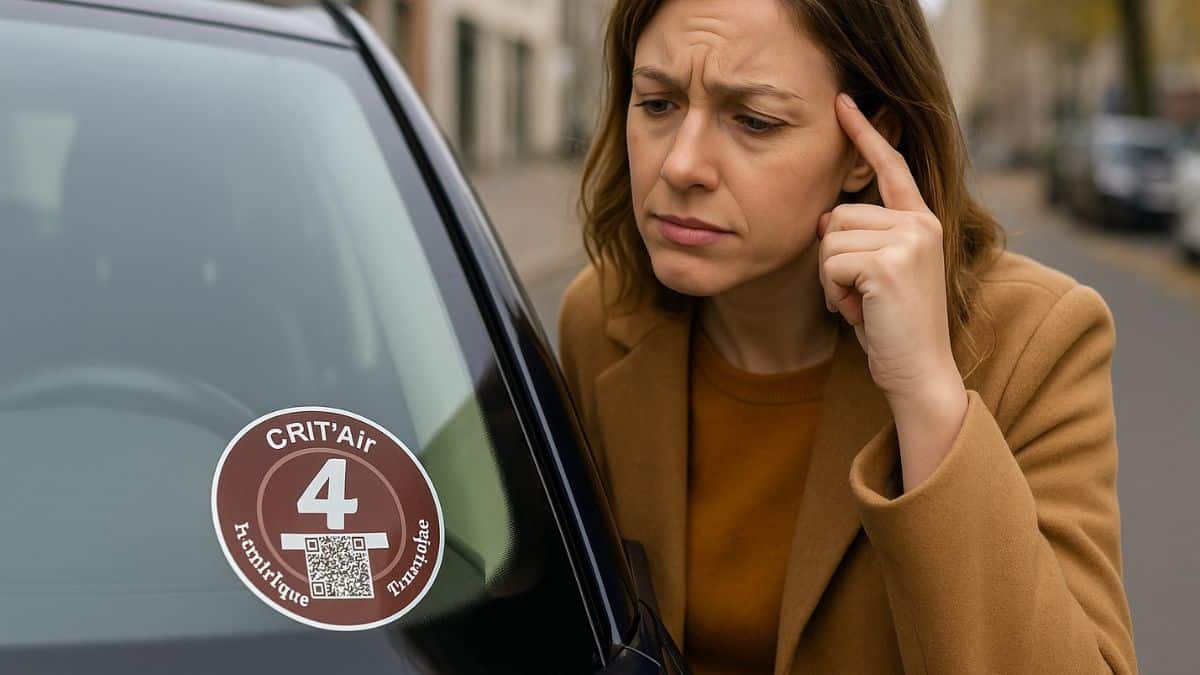 Femme observant avec perplexité avec la fin des ZFE, une vignette Crit’Air 4 marron collée sur le pare-brise d’une voiture en ville.