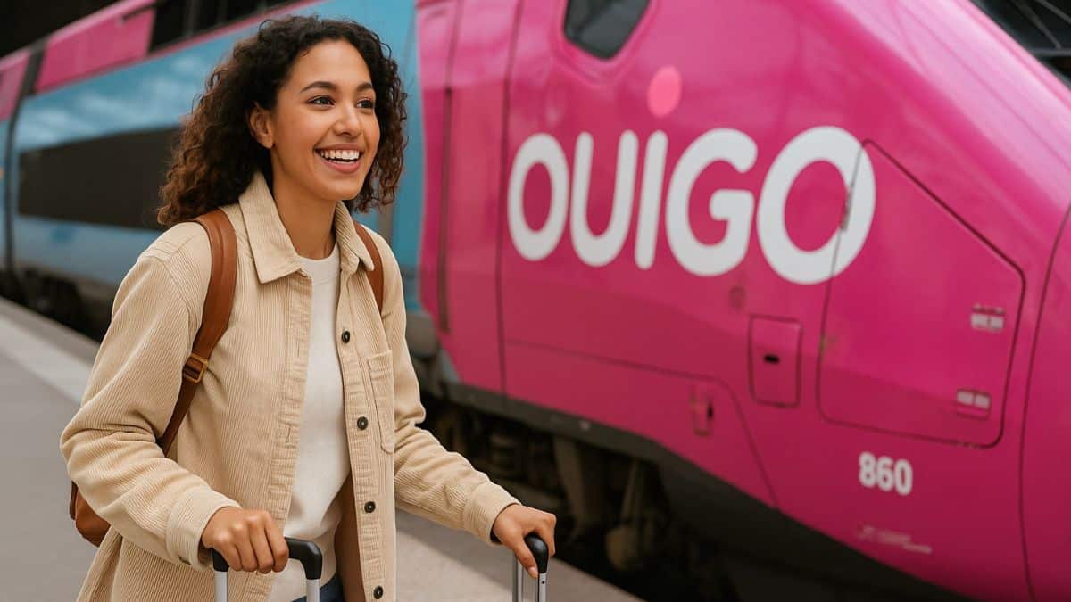 Jeune femme souriante prête à monter dans un TGV Ouigo rose et turquoise avec sa valise.