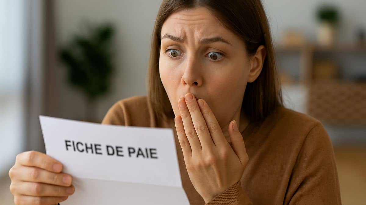 Femme choquée en découvrant le montant de sa fiche de paie avec le jour de solidarité.
