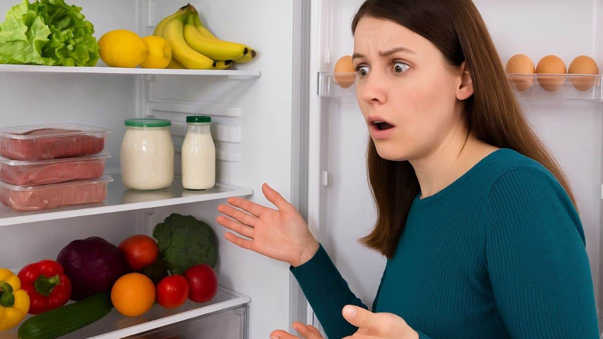 Jeune femme surprise en ouvrant un réfrigérateur contenant des viandes en barquettes périmées, des œufs et des légumes frais