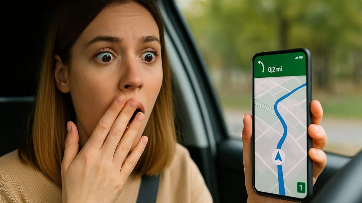 Femme surprise en consultant une application GPS sans indication de radars.