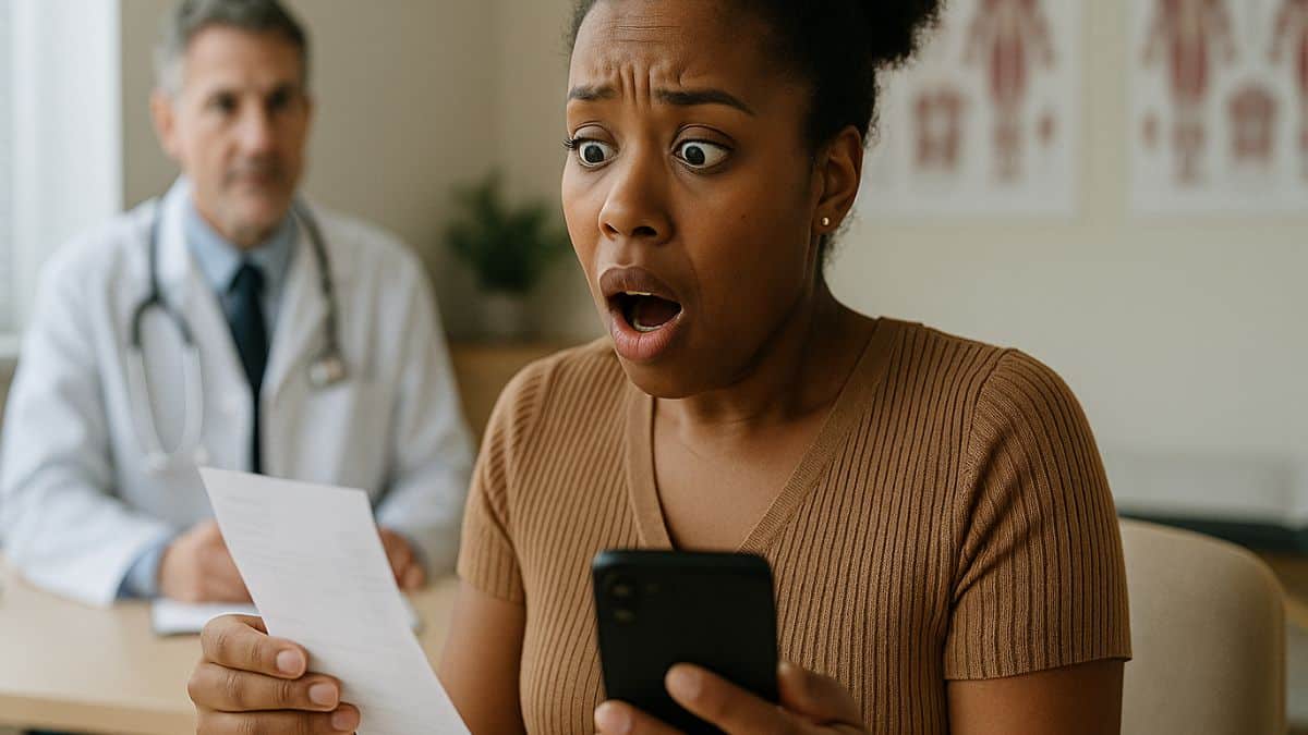 Une femme surprise regarde une facture de consultation médicale tout en tenant son téléphone dans un cabinet de médecin.