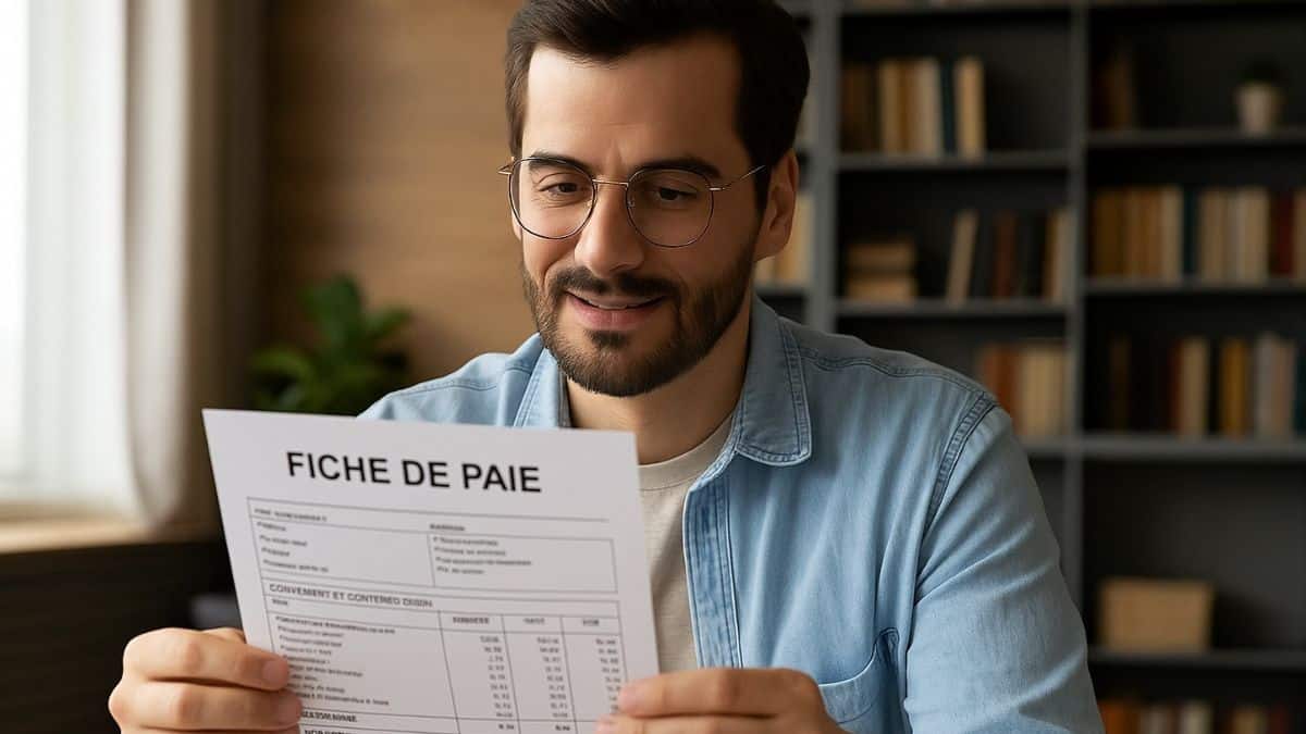 Un homme lit sa fiche de paie en français et semble en comprendre les éléments avec attention.