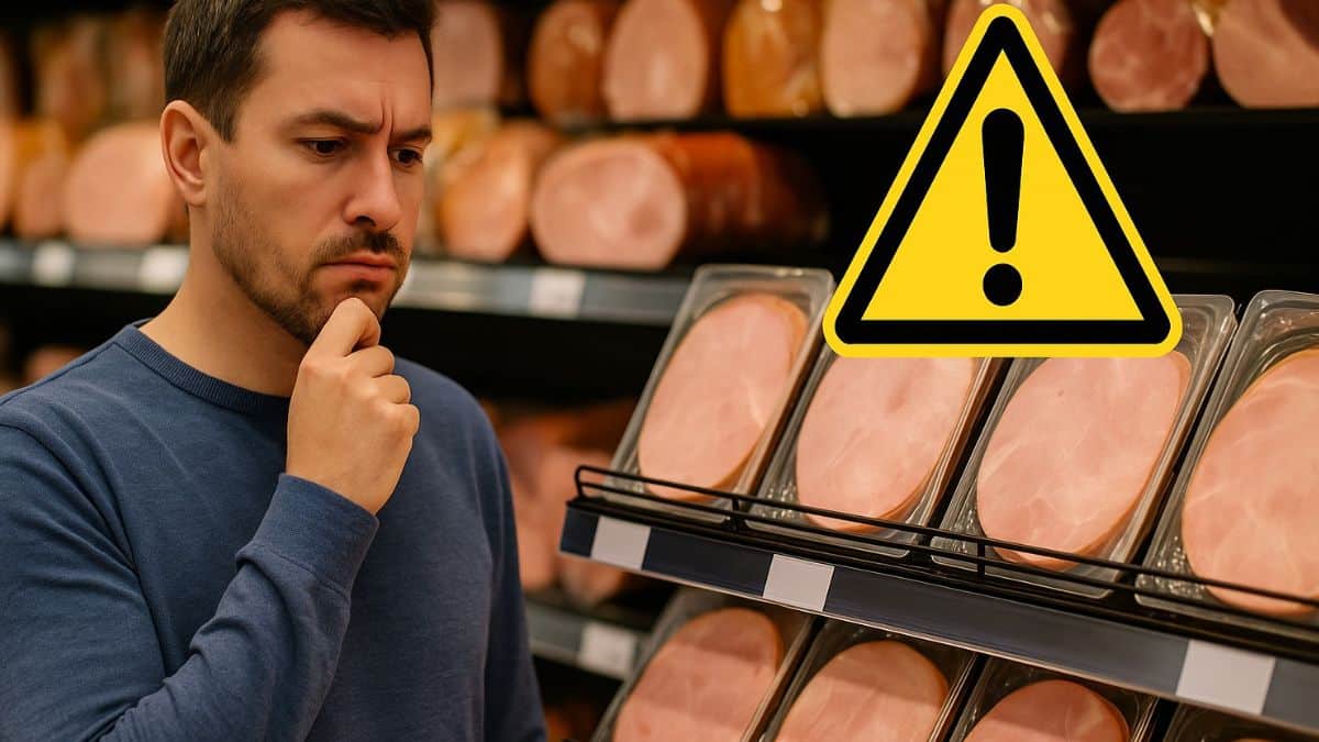 Un homme hésite devant plusieurs jambons sous vide, avec un panneau attention pour signaler un danger sanitaire.