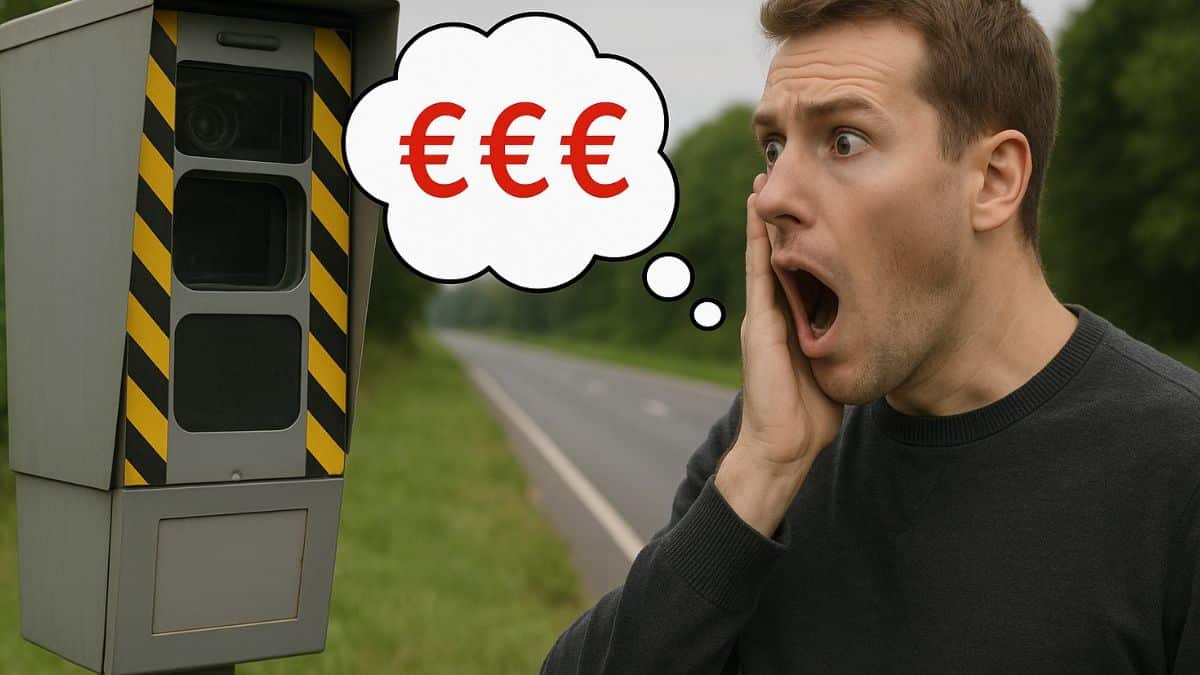 Un homme choqué pense à des euros en voyant un radar fixe sur le bord de la route.