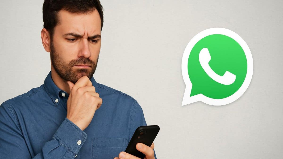Un homme dubitatif regarde son téléphone devant l'icône WhatsApp.