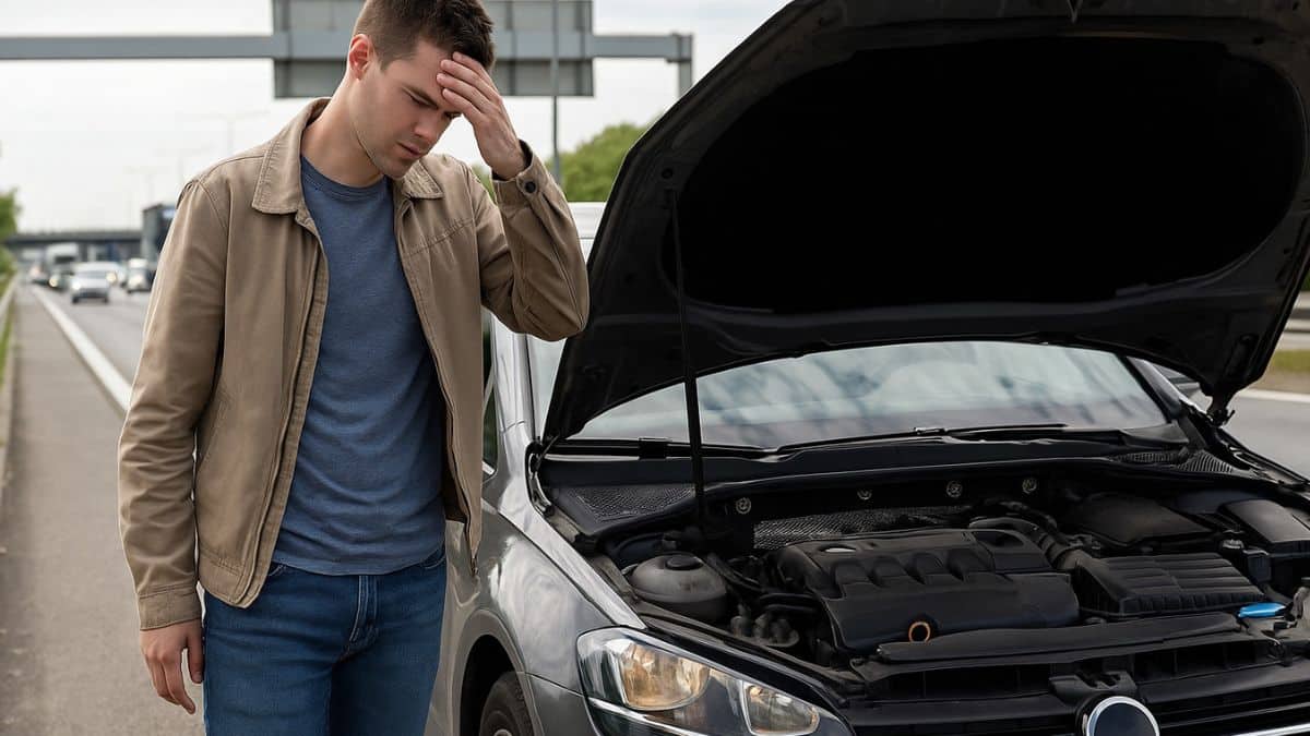 Un homme en panne d'embrayage sur l’autoroute, debout près de sa voiture avec le capot ouvert, l’air inquiet.