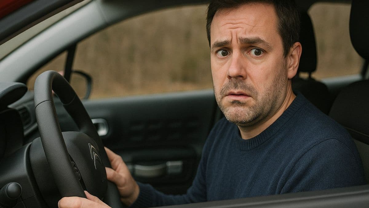 Un homme inquiet au volant d’une Citroën C3 rouge, tenant un volant avec logo airbag Takata bien visible.