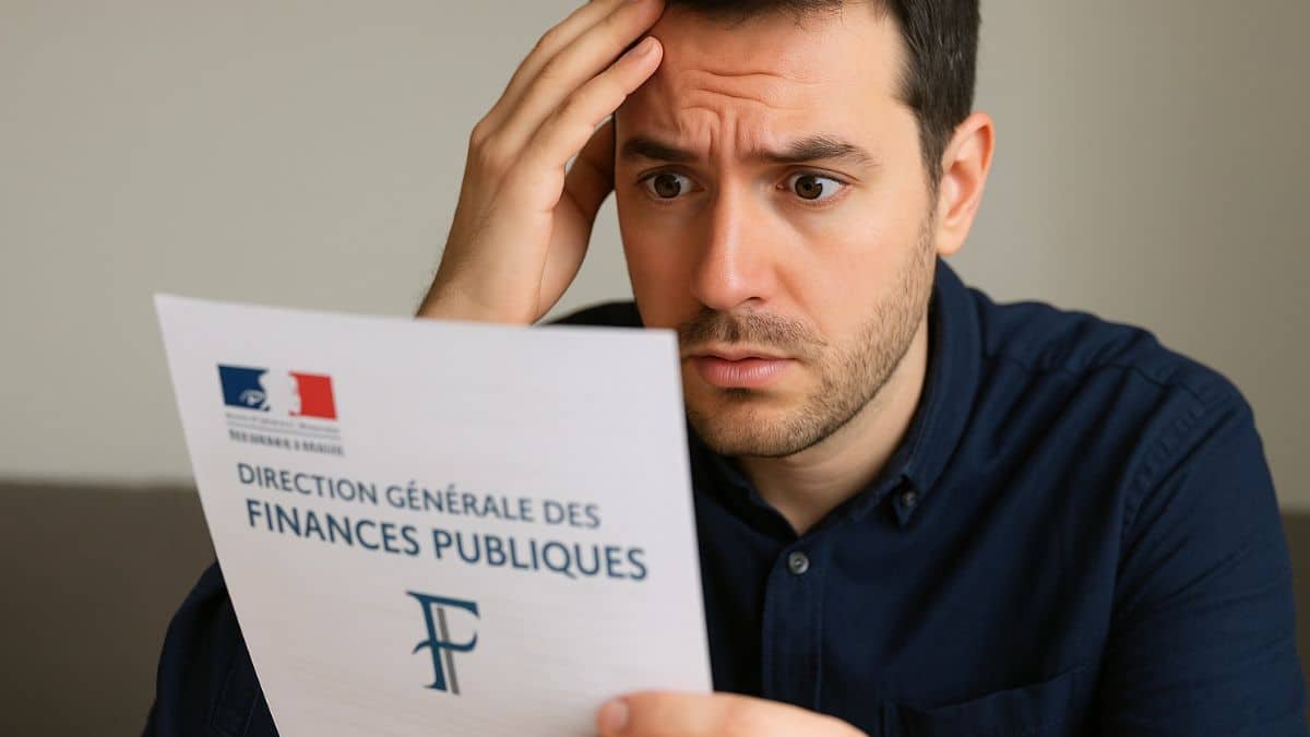 Un homme inquiet lit une lettre des finances publiques françaises avec une expression préoccupée à propos de ses impôts.