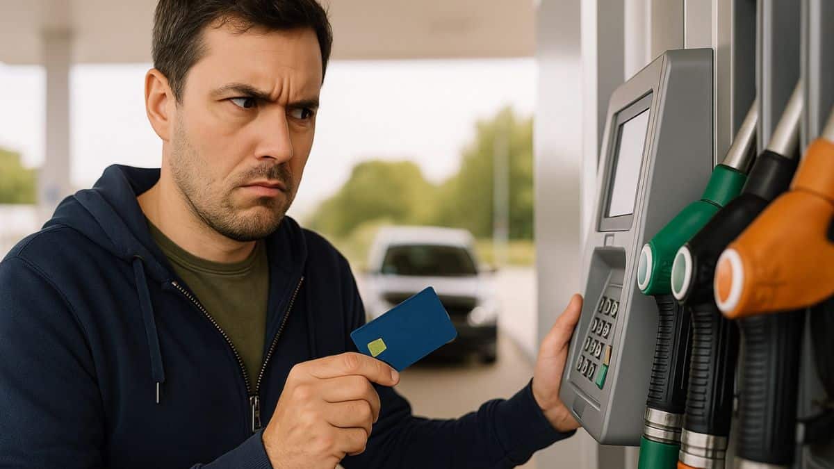 Homme se méfiant d'une arnaque au moment de payer par carte bleue à une station essence.