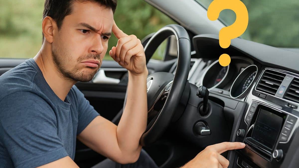 Jeune homme perplexe réglant la climatisation dans sa voiture, avec un emoji point d'interrogation.