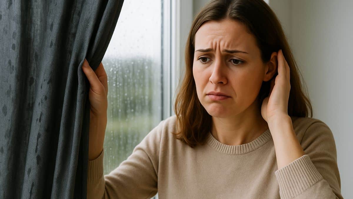 Une femme désespérée regarde ses rideaux humides un jour de pluie depuis sa fenêtre.