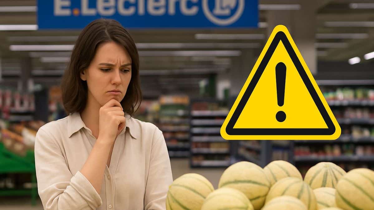 Une femme hésite à acheter des melons chez Leclerc, avec un emoji de danger jaune affiché devant les fruits.
