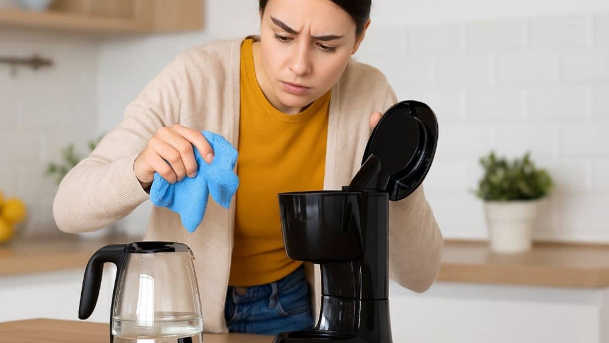 Une femme nettoie sa cafetière manuellement dans sa cuisine avec un chiffon et une carafe d’eau.