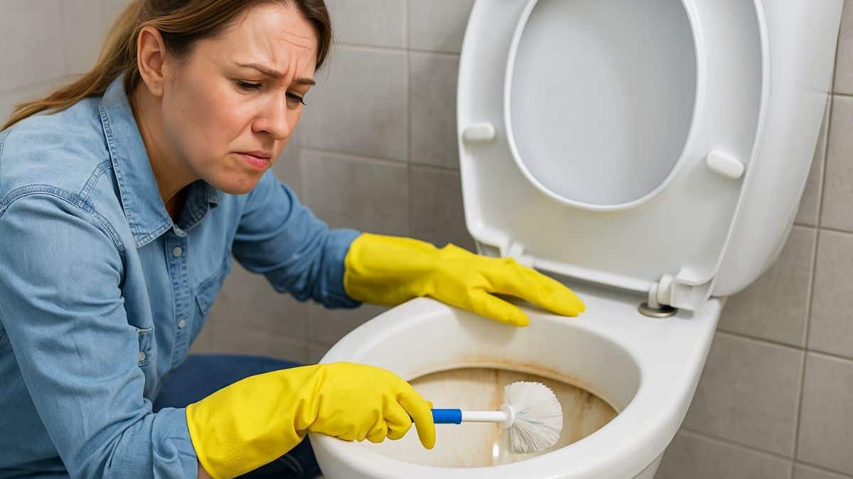 Femme portant des gants jaunes nettoyant des toilettes entartrées avec une brosse dans une salle de bain moderne.