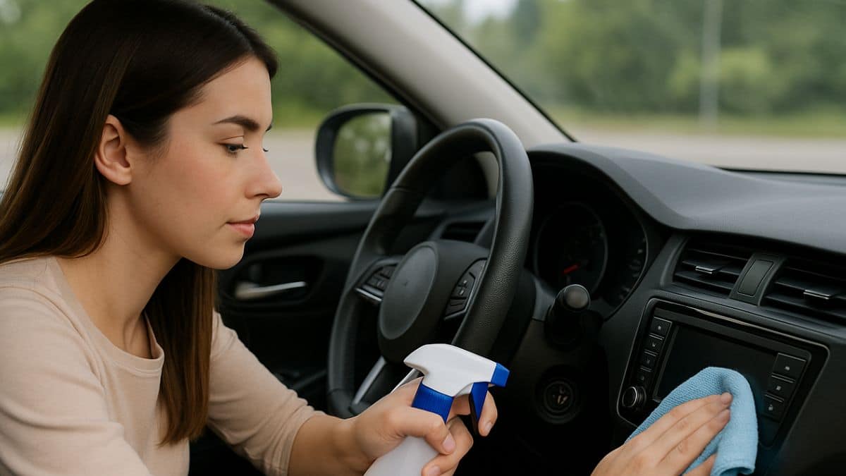 Une femme nettoie l'habitacle de sa voiture