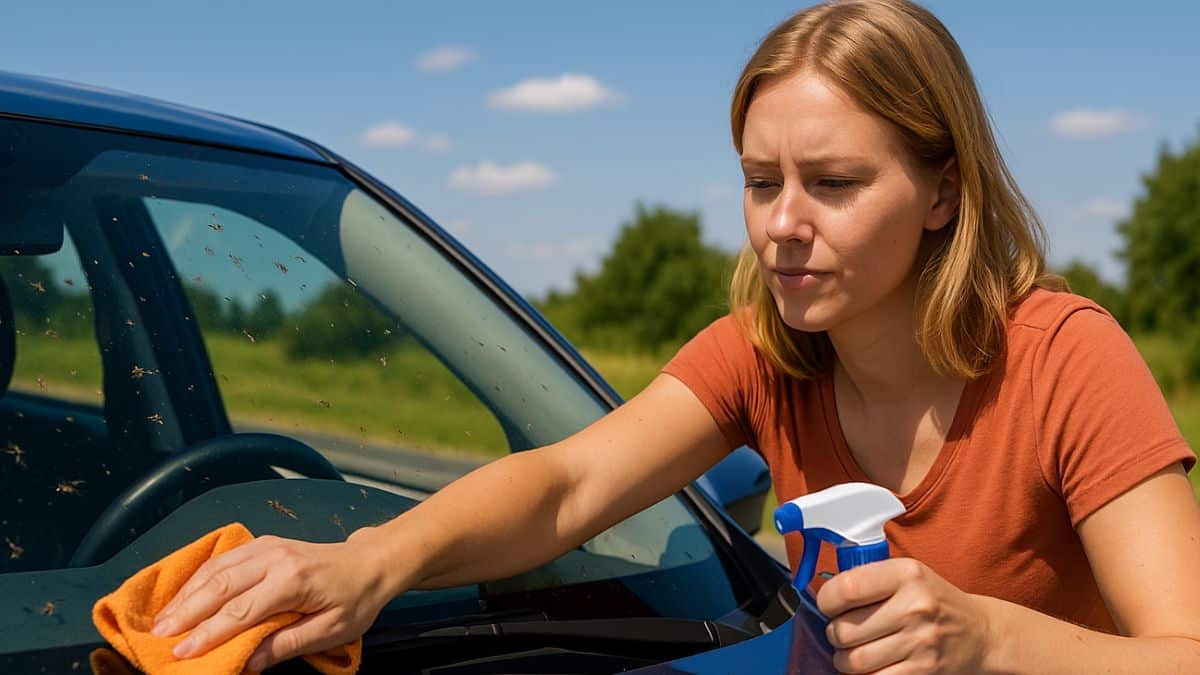 Une femme essuie son pare-brise