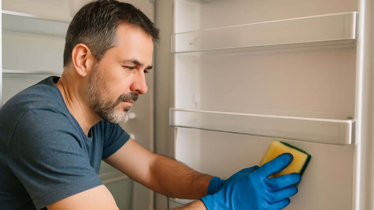 Un homme nettoie son réfrigérateur
