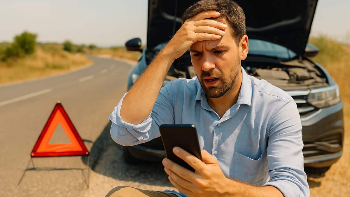 Un homme en panne sur le bord de la route sous la canicule regarde son téléphone avec inquiétude.
