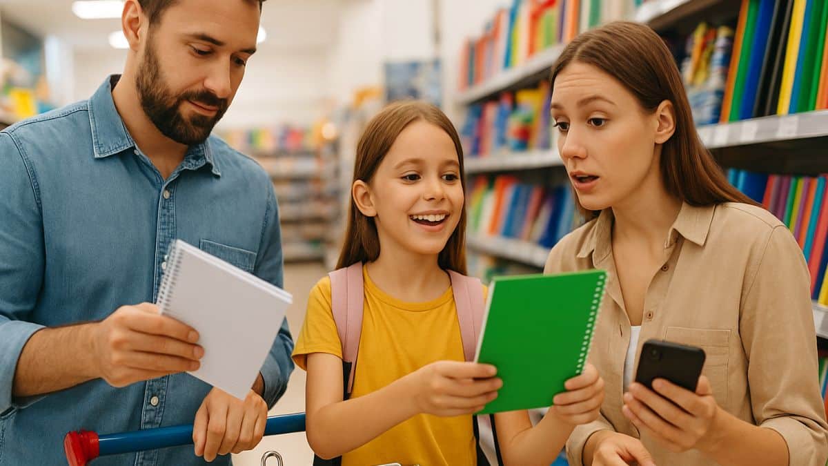 Des parents font les courses de rentrée scolaire à grâce à l'allocation rentrée scolaire avec leur enfant dans un magasin de fournitures.