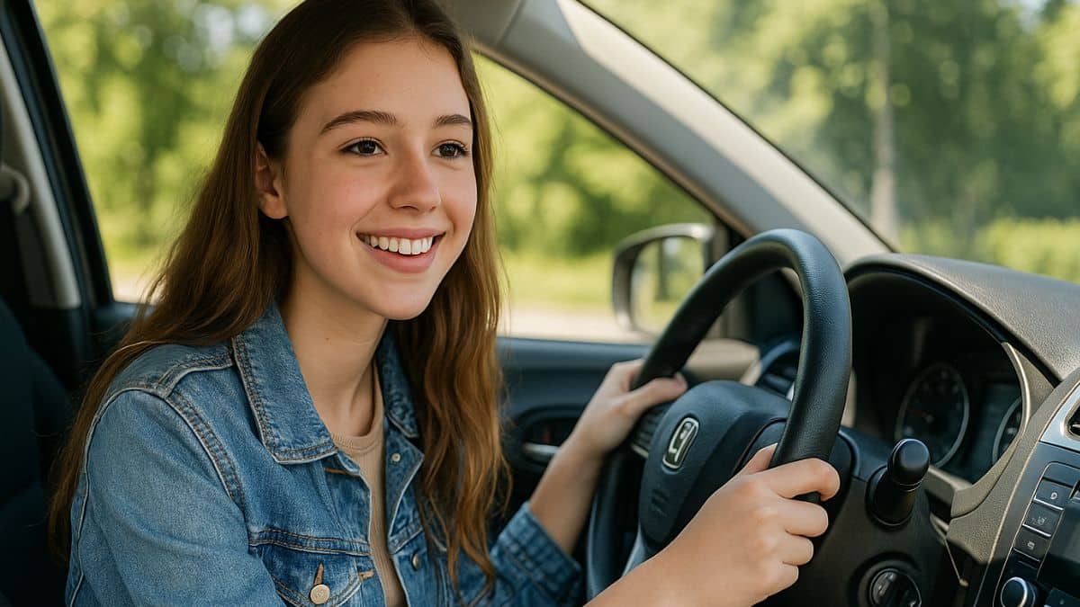 Une jeune fille de 17 ans en train de conduire