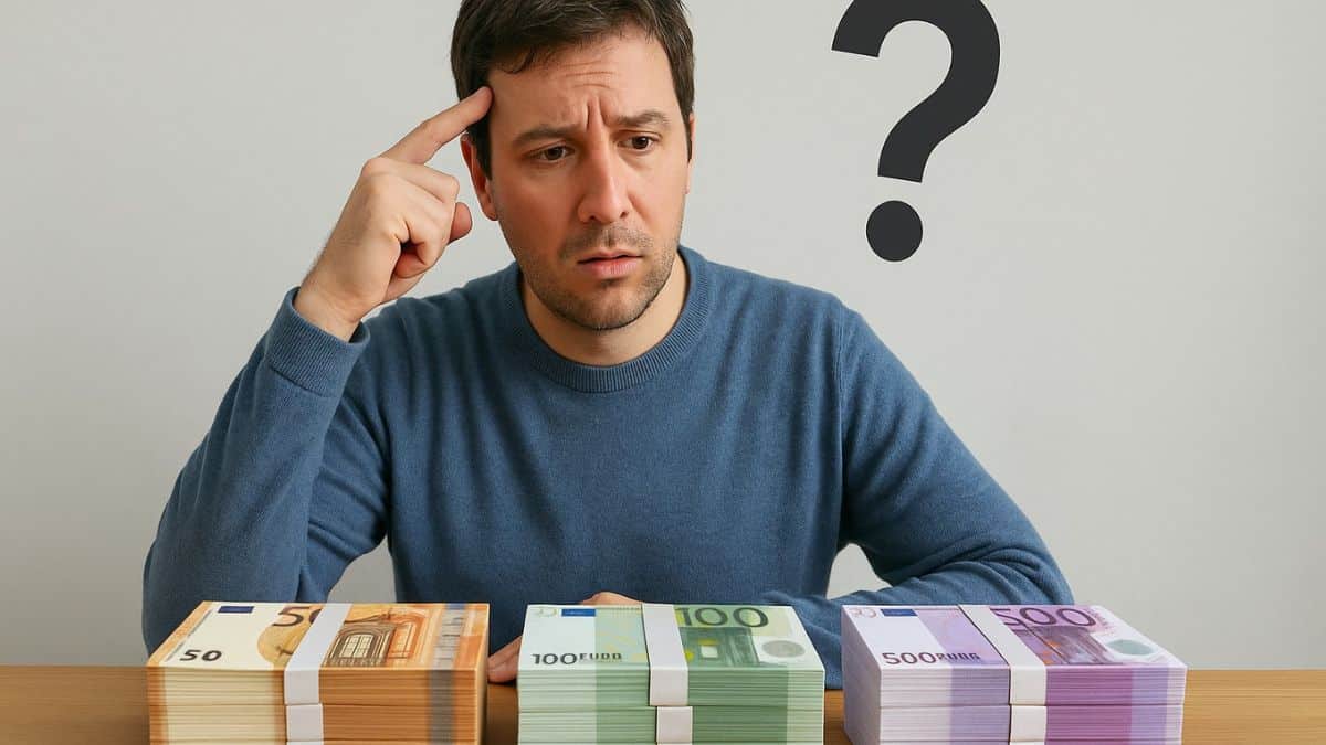 Un homme pensif devant trois liasses réalistes de billets en euros sur une table.