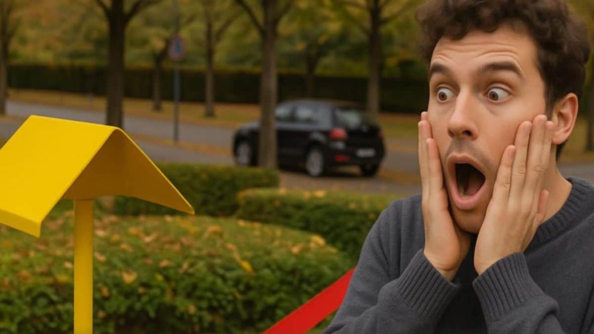 Un homme surpris regarde un poteau jaune étrange dans un parc en automne.
