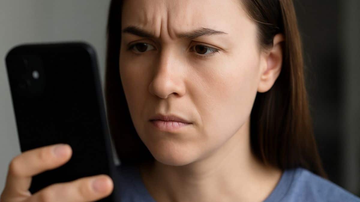 Une femme regarde avec méfiance un voyant lumineux allumé sur l’écran de son smartphone