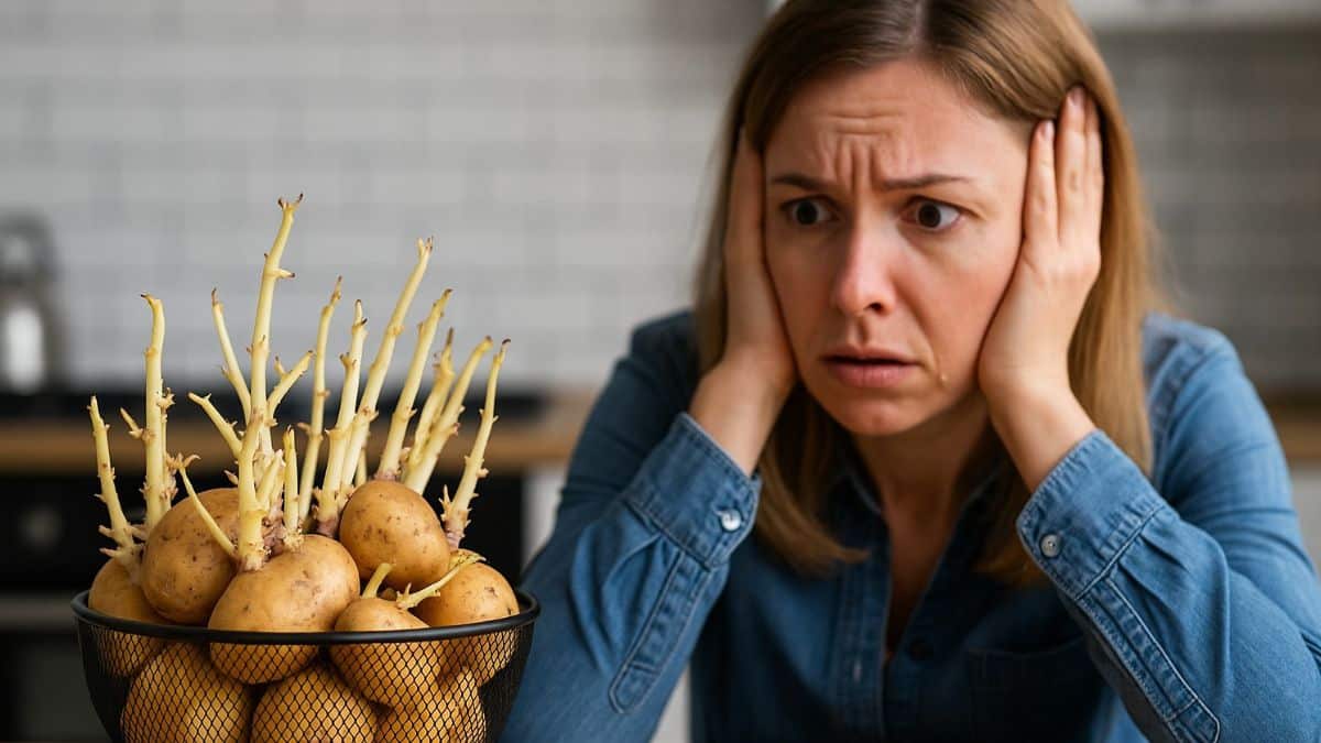 Une femme inquiète regarde un saladier de pommes de terre germées dans sa cuisine.