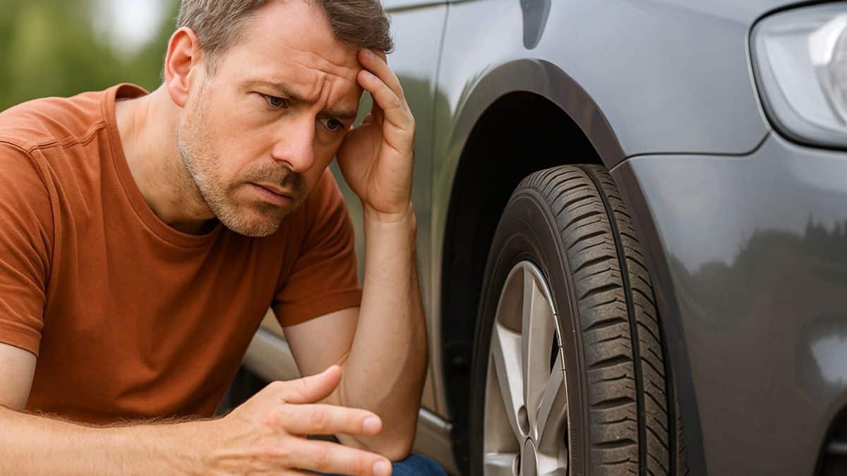 Un homme inquiet inspecte la pression des pneus de sa voiture avant un départ en vacances.
