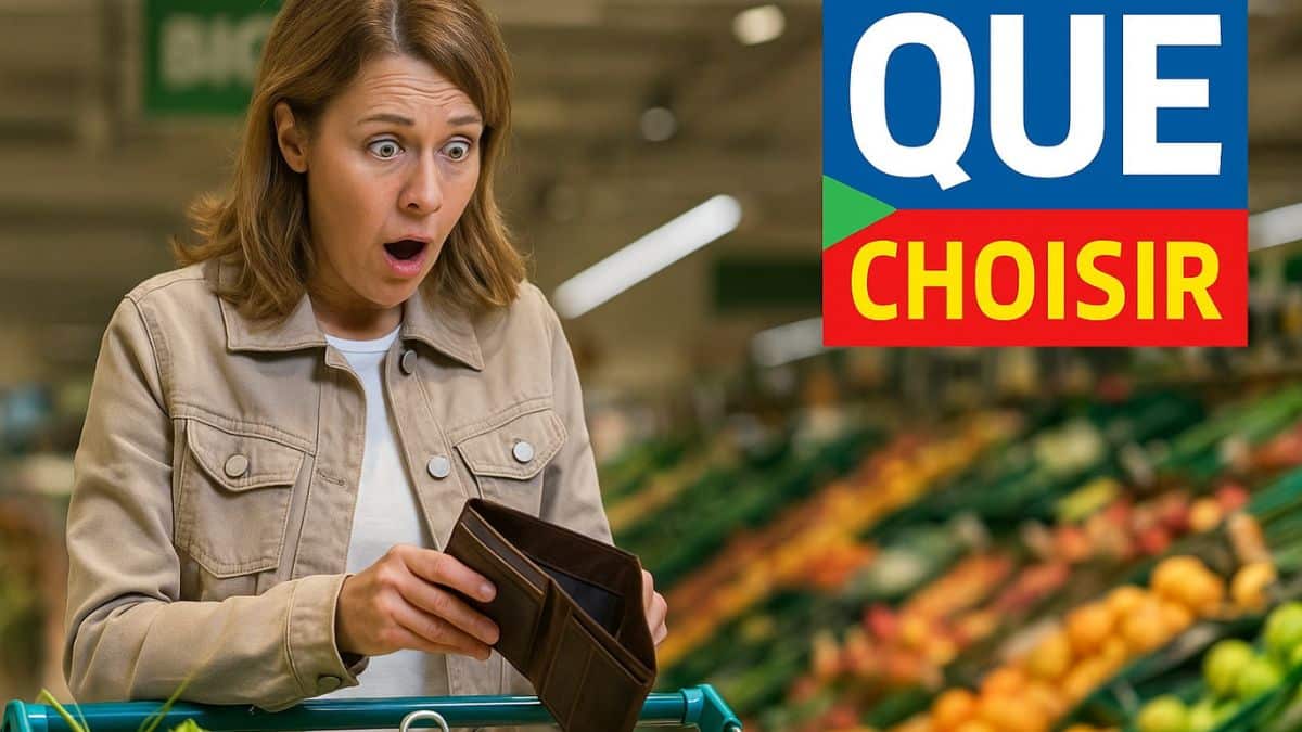 Femme surprise par les prix en supermarché bio avec logo UFC-Que Choisir visible sur l’image.