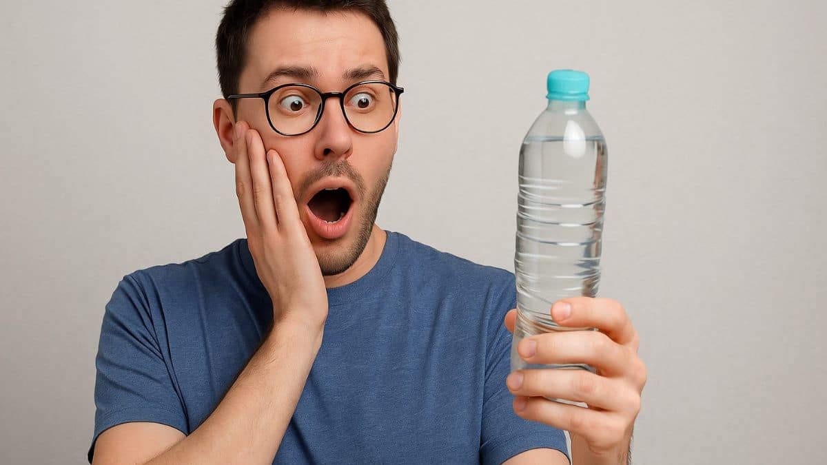 Un homme surpris tient une bouteille d’eau en plastique, affichant une expression choquée en la regardant.