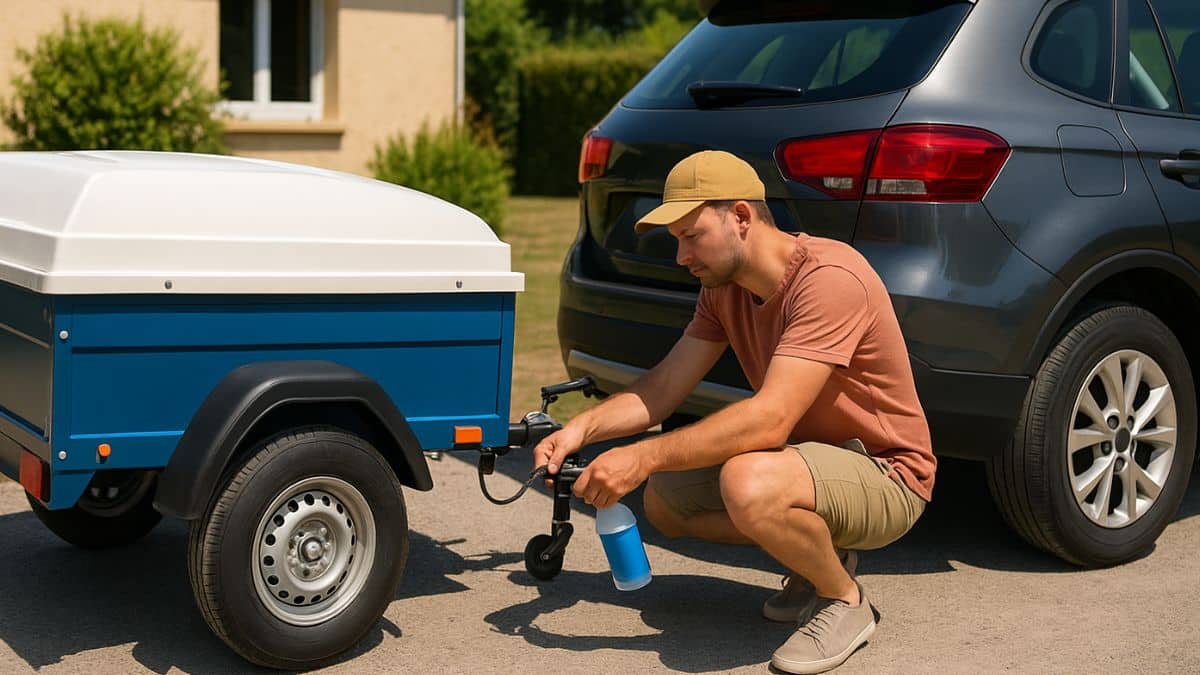 Un conducteur fixe une remorque à sa voiture