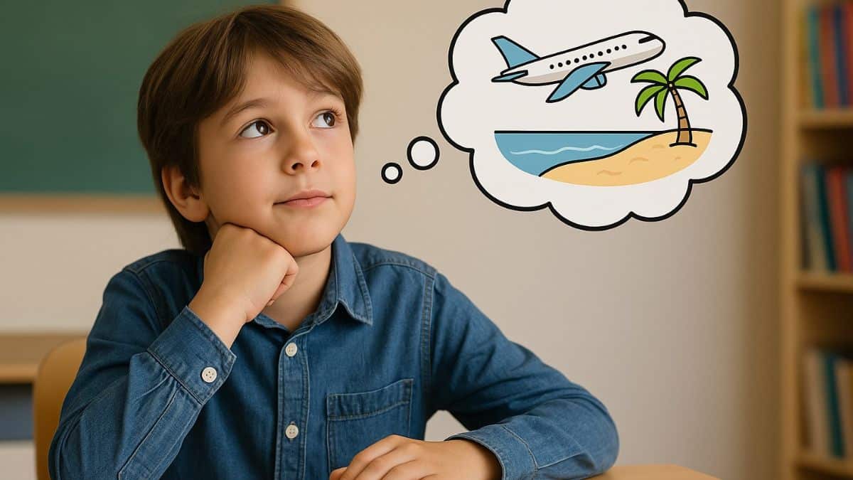 Un écolier rêve de vacances en pensant à une plage et un avion pendant un cours en classe.