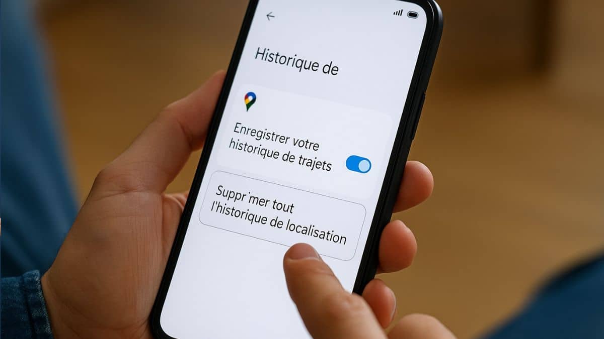 Personne accédant aux paramètres Google Maps pour supprimer l’historique de localisation depuis un smartphone.