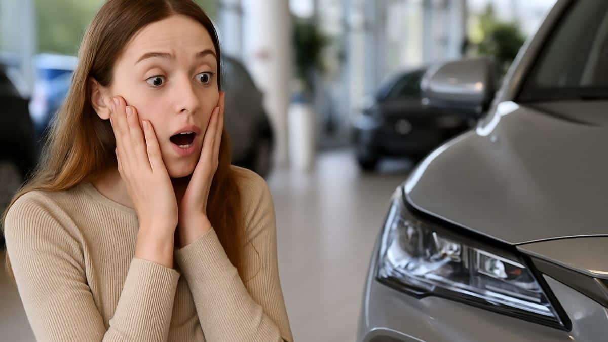 Jeune femme surprise des différents malus écologique dans une concession automobile moderne devant une voiture grise brillante