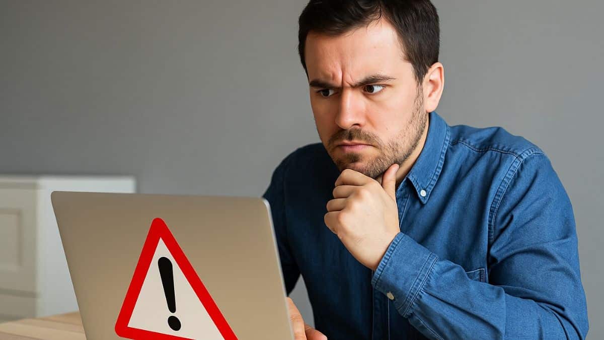 Homme méfiant face à son ordinateur affichant un symbole d’alerte rouge.