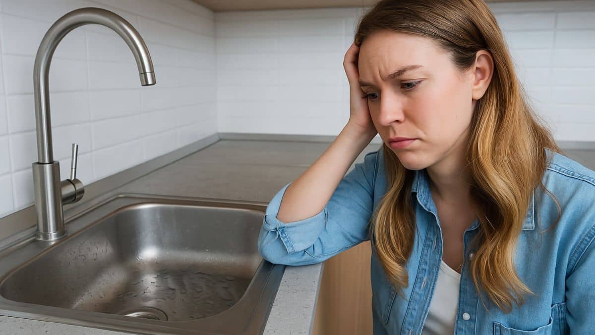 Femme frustrée regardant les traces d’eau persistantes dans un évier en inox dans une cuisine moderne.