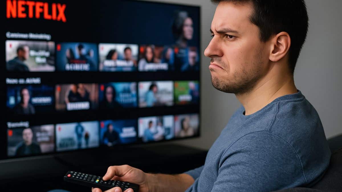 Un homme mécontent regarde l’écran de Netflix avec une télécommande en main et une expression agacée.