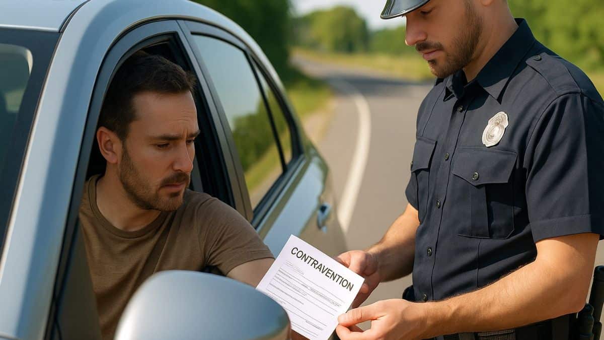 Un conducteur reçoit une contravention pour excès de vitesse après un changement de la limitation de la part d’un policier en uniforme, au bord de la route.