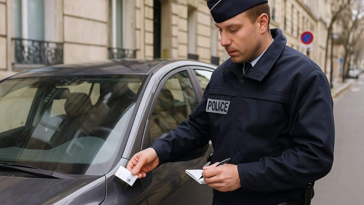 Un policier verbalise une voiture stationnée dans une rue urbaine française pour absence de contrôle technique.