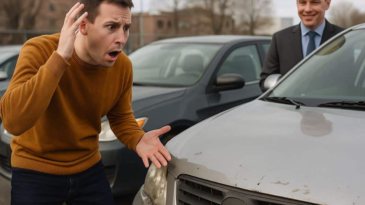 Un acheteur surpris découvre l’état dégradé d’une voiture d’occasion face à un vendeur au sourire confiant.