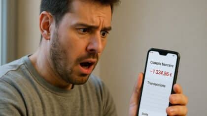 Un homme découvre un solde négatif sur son application bancaire avec une expression de choc.