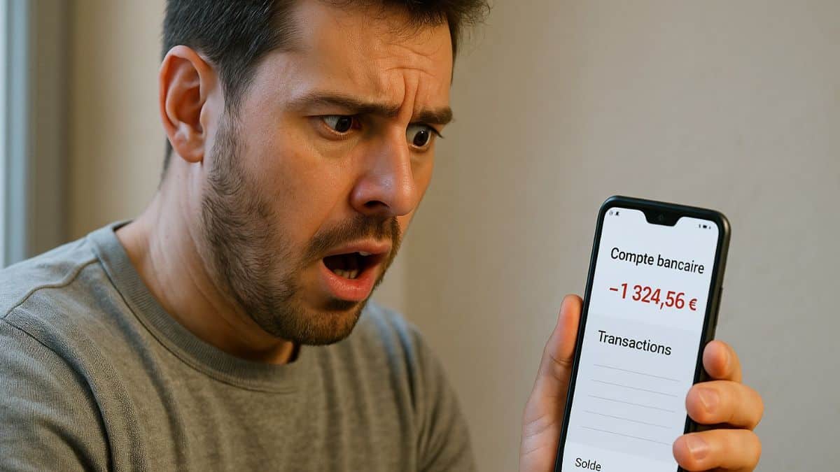 Un homme découvre un solde négatif sur son application bancaire avec une expression de choc.