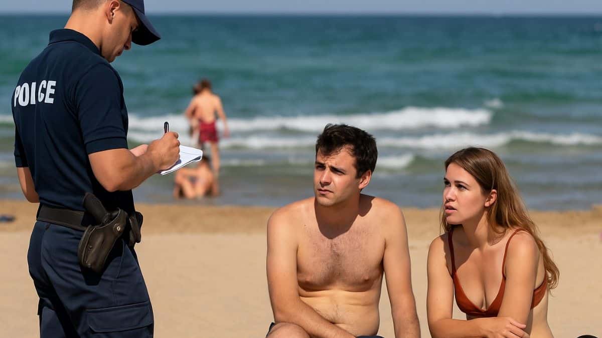 Des vacanciers reçoivent une amende sur une plage en pleine journée d’été.