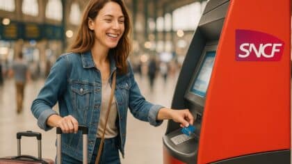 Femme souriante achetant un billet pour ses vacances à une borne SNCF avec ses valises dans une gare lumineuse.