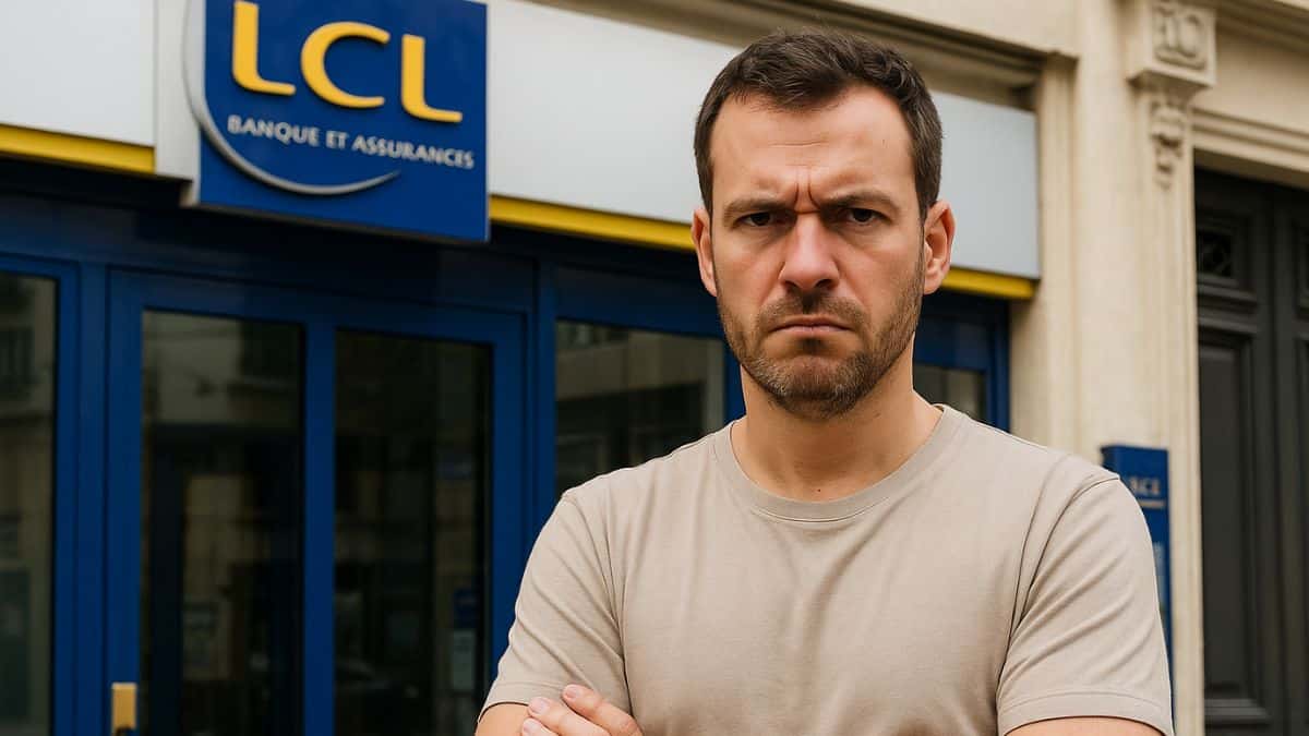Un client mécontent devant une agence LCL
