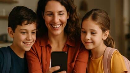 Une mère souriante consulte une notification de la Caf sur son smartphone avec ses deux enfants avant la rentrée scolaire.