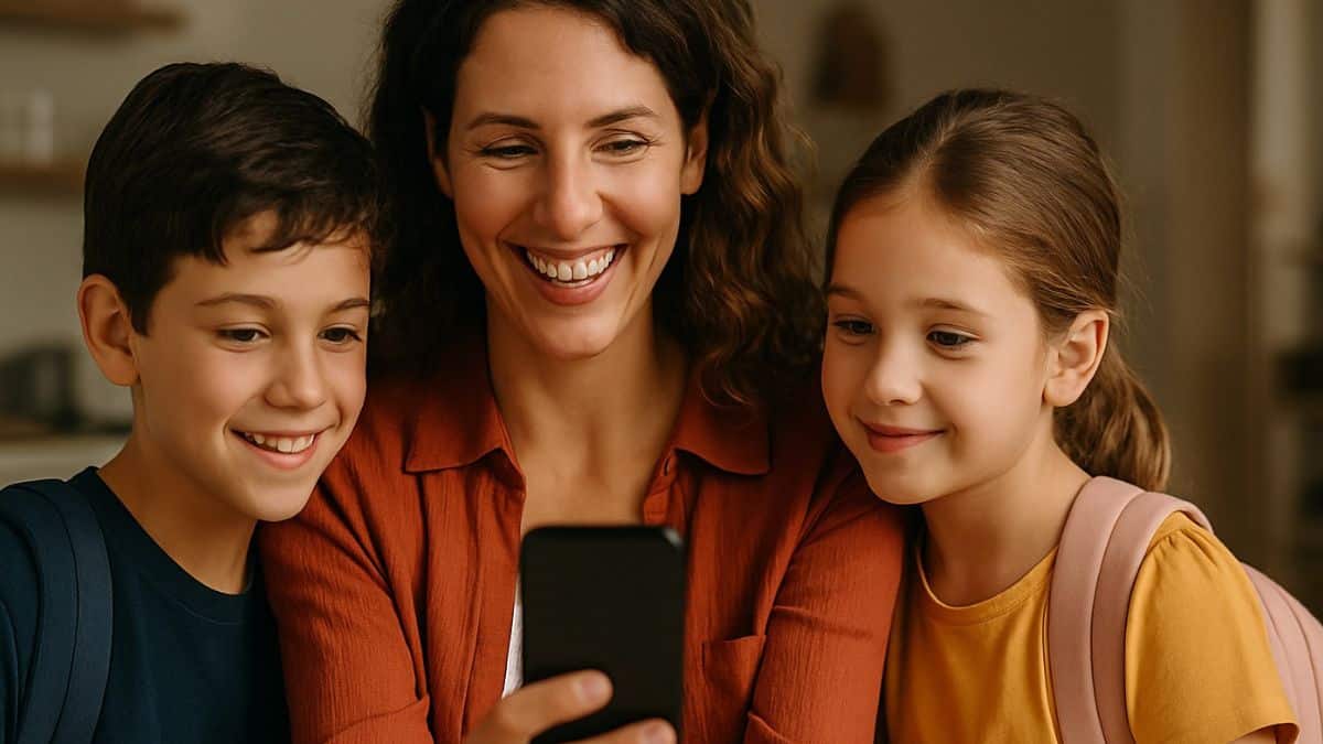 Une mère souriante consulte une notification de la Caf sur son smartphone avec ses deux enfants avant la rentrée scolaire.